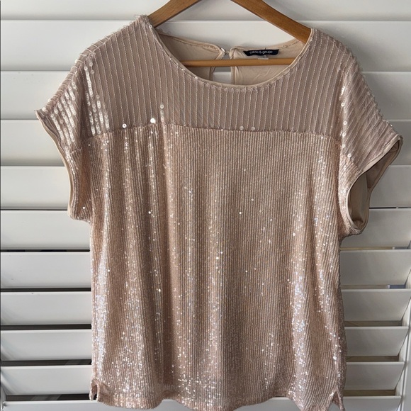 Cable & Gauge Tops - Cable & Gauge Shimmering Beige Sequin Blouse